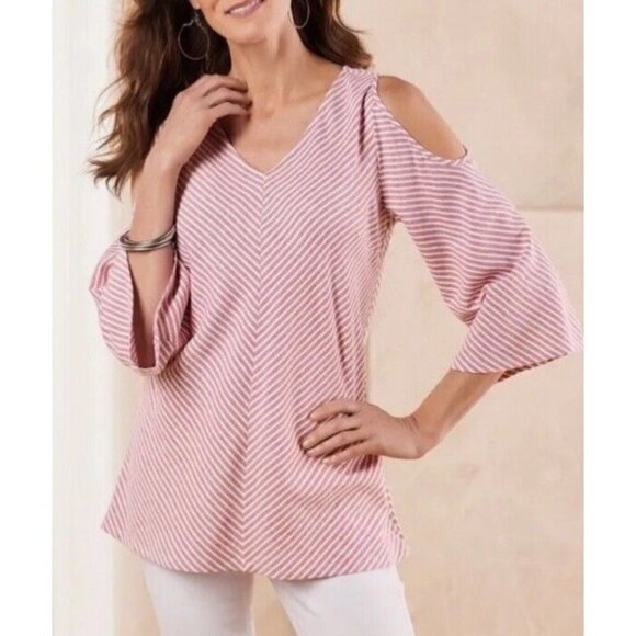 Soft Surroundings Womens 3/4 Cold Sleeve Linen Blend Striped Tunic Blouse 2X - Picture 1 of 12